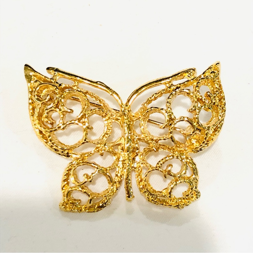 Butterfly Pin Filigree Brooch Design with gift box. Color: Gold. 2” x 1”.